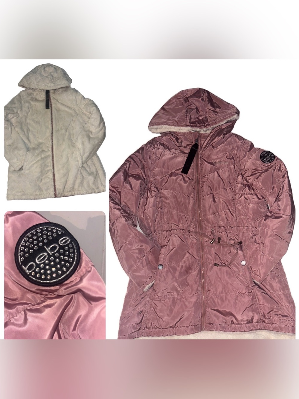 bebe Dusty Rose Reversible Hooded Puffer Coat Faux Fur Sherpa